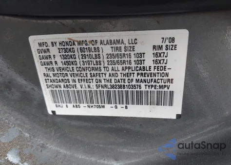 2008 Honda Odyssey Lx from USA, damaged, VIN 5FNRL38238B103576